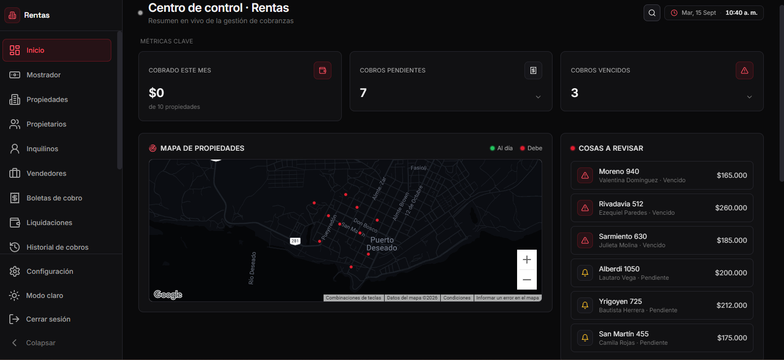 Centro de control de Rentas