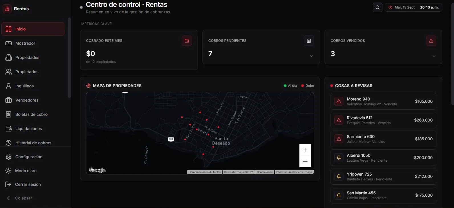 Centro de control de Rentas